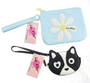 Luv Betsey Johnson Wristlet Blue Daisy Flower Black Glitter Kitty Cat Puppy Dog