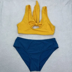 ZAFUL Women Wide Strap Front Knot Bikini Custom Set Yellow Top Blue Bottom Large - Picture 1 of 12