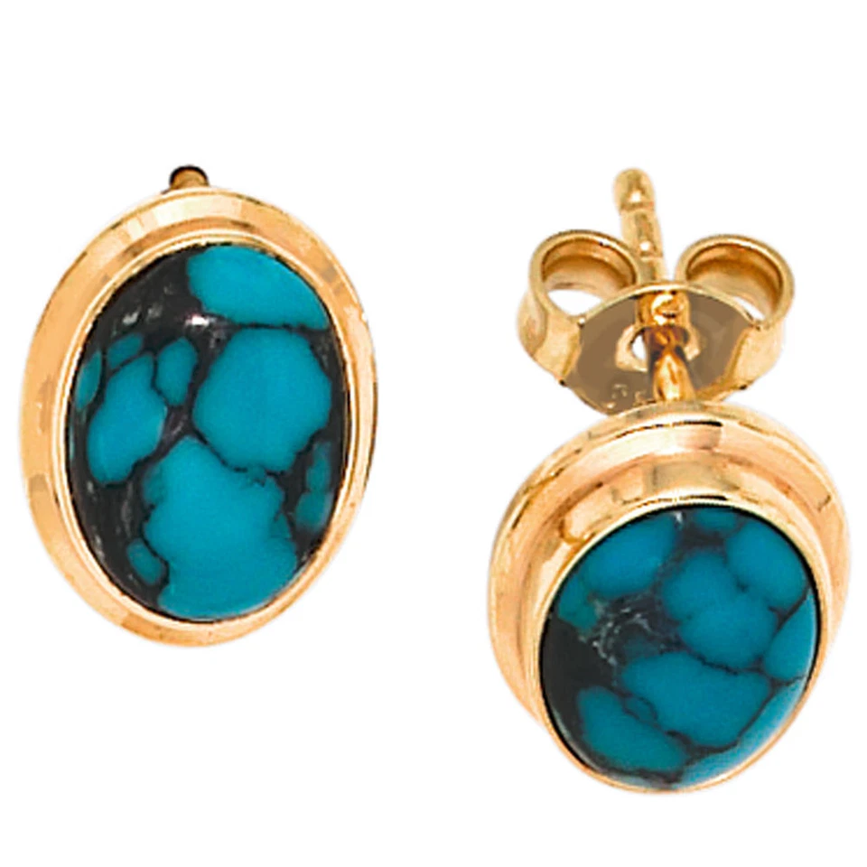 Ohrstecker Stecker mit echtem Türkis oval 585 Gold Gelbgold Ohrschmuck Damen - Bild 1 von 1