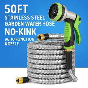 50FT Stainless Steel Garden Water Hose No-Kink w/ 10 Function Nozzle for RV Yard - Picture 1 of 11