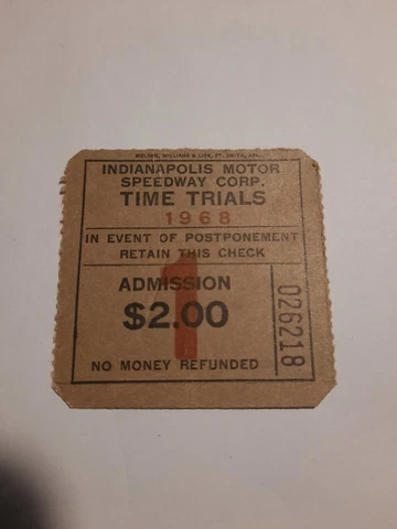1968 Indianapolis Motor Speedway Admission $2.00 Ticket Time Trials 1968 Cover