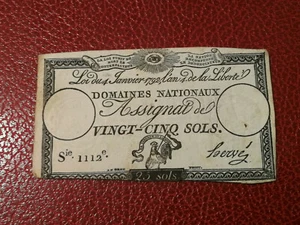 ASSIGNAT 25 VINGT-CINQ-SOLS / Loi du 4 janvier 1792 / Série 1112e / signé HERVE - Imagen 1 de 2