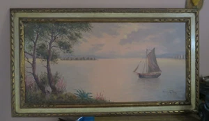 "Quadro ad olio firmato vintage Mario Rossi tramonto costa italiana incorniciato 16"x32" - Foto 1 di 12