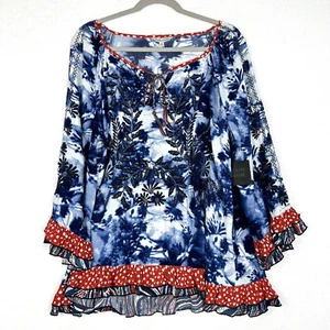 John Mark Womens Tunic Medium Navy White Floral Red Polka Dot Trim Embroidered - Picture 1 of 15