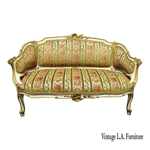Antique French Louis XV Country Low Profile Gold & Red Stripped Velvet Settee Cover