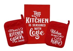 Kitchen Is Seasoned With Love 3-teiliges rotes Geschirrtuch & Topflappen Set Geschenk - Bild 1 von 1