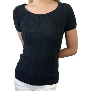 CHANEL Vintage 04P CC Logo Knit Top T-shirt #46 Pullover Black Cotton - Picture 1 of 11