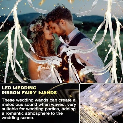 24 Pcs LED Wedding Ribbon Fairy Wands & Silver Bells - Warm White Glow - Image 1 of 4
