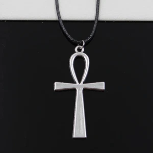 Ankh Cross Pendant Necklace Egyptian Black Faux Leather Choker Handmade Jewelry - Picture 1 of 1