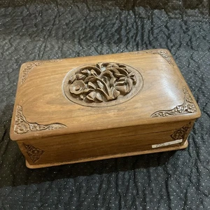 Jewellery / Trinket Storage Box "Secret" Sliding Lock Floral Carvings ~ Wood Box - Picture 1 of 13