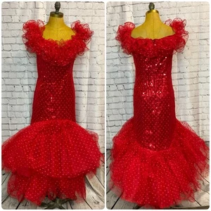Loralie Vintage 80s 90s Red Sequin Taffeta Party Prom Tiered Dress Ball Gown - Picture 1 of 24
