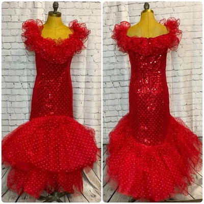 Loralie Vintage 80s 90s Red Sequin Taffeta Party Prom Tiered Dress Ball Gown - Image 1 of 4