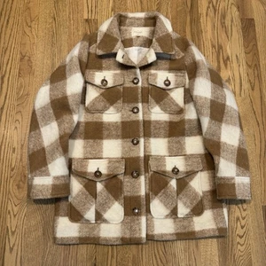 Sezane Joe Coat Ecru Wool Blend Button Jacket Size 38 Brown White Plaid Check - Picture 1 of 9