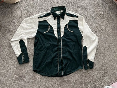 Vintage Roper Green Pearl Smiley Embroidered Western Shirt  L Snap 23x31 STAINS - Image 1 of 4