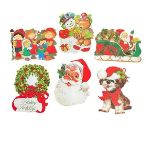 6 Vintage Carta Fustellata Canti Natale Babbo Natale Pupazzo di Neve Cane Corona - Foto 1 di 4
