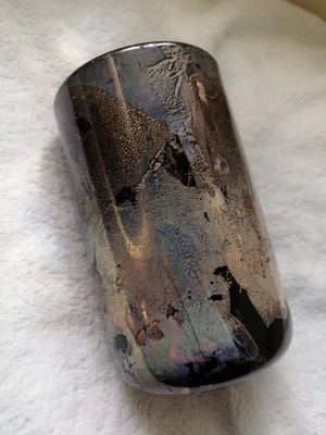 Vintage Isle of Wight Glass Cylinder Vase  Flame Pontil Mark  Gold Silver Black - Image 1 of 4