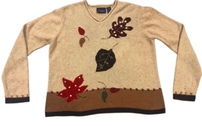 Crazy Horse Liz Claiborne Fall Autumn Leaf Knit Silk Wool Blend Sweater XL - Image 1 of 4