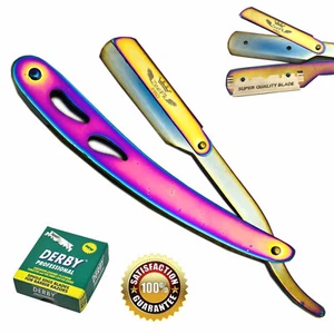 BEARD CUT THROAT TITANIUM MEN BARBER STRAIGHT SHAVING RAZOR + 100 DERBY BLADES - Picture 1 of 2