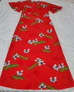 De colección Kimo's Polinesian Shop Mujer Vestido Rojo Floral Hawaiano Maxi Mangas Cortas - Imagen 1 de 4