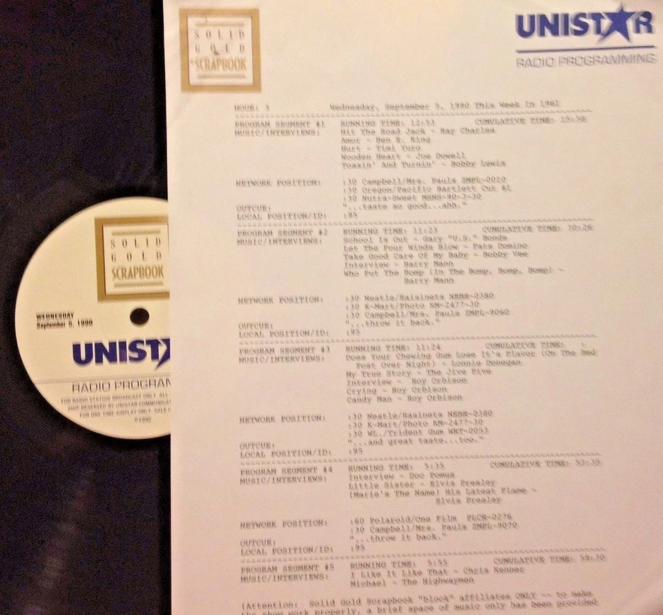 RADIO SHOW 9/5/90 THIS WK '61: FATS DOMINO, ELVIS PRESLEY SET, ROY ORBISON (2) - Image 1 of 1