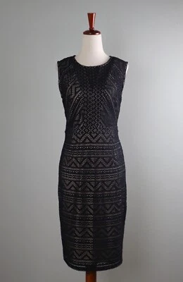 CALVIN KLEIN $129 Stretch Black Eyelet Beige Lined Sheath Dress Size 8 - Image 1 of 4