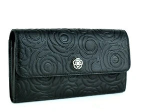 CLATHAS Flowers Theme Black Leather Bifold Envelope Long Wallet Purse Good Used - Picture 1 of 12