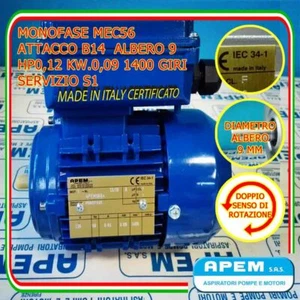 MOTORE ELETTRICO MONOFASE CV.0,12 KW.0,09 1400G/MIN MEC 56 B14 ALBERO 9mm - Picture 1 of 3
