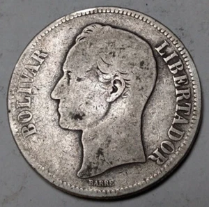 1886 Venezuela 5 Bolivares - Large Silver Coin - Simon Bolivar Liberator - Picture 1 of 2