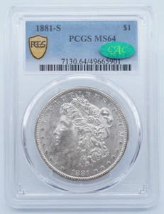 1881-S Morgan Silver $1 Dollar PCGS & CAC MS64 Gold Shield Label - U1073 - Picture 1 of 6