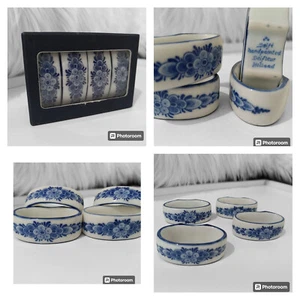 4 servilleteros vintage de cerámica de Delft florales azules blancos pintados a mano en caja holandesa - Imagen 1 de 10