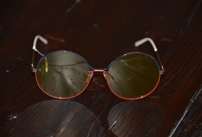RARE GUCCI YELLOW RETRO ROUND GOLD DOUBLE G RED BLUE ITALY OVERSIZED SUNGLASSES - Image 1 of 4