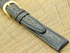 Vintage Hadley Roma Black Leather Gold Tone Buckle 14mm NOS Unused Watch Band - Picture 1 of 5