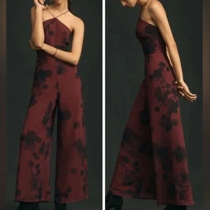 Anthropologie Hutch Neckholder Jumpsuit weites Bein weinrot Blumen Träger Small - Bild 1 von 16
