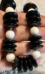 Vintage Glass White Round & Black Disc Shaped Beaded & Knotted 32” Necklace - Picture 1 of 11