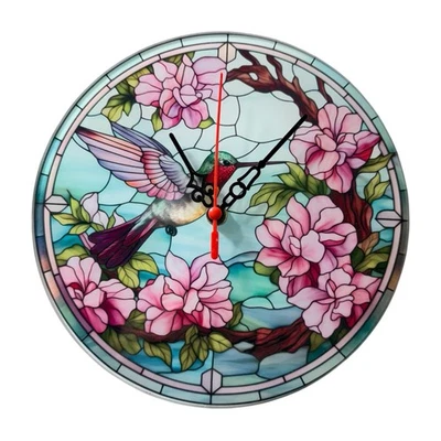 Reloj redondo de vidrio templado hecho a medida de 8' - impresión de vitral colibrí - regalo Foto 1 de 3