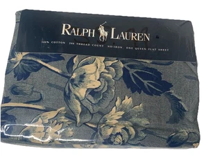 Ralph Lauren Queen Flat Sheet Donovan Floral Blue Cream Flowers New NIP - Picture 1 of 7