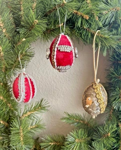 Vintage Handmade Jeweled Christmas Egg-Shaped Ornaments  Red/Gold/White Set of 3 - Picture 1 of 12