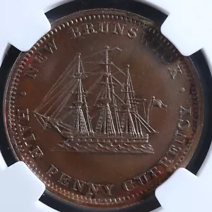 NB-1B NGC MS-62BN Halfpenny token 1854 Canada New Brunswick Ship Breton 912 - Picture 1 of 4