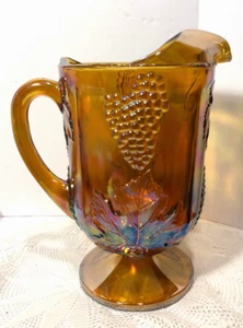Vintage Indiana Carnival Glass Iridescent Marigold Harvest Grape Footed Pitcher - Picture 1 of 4