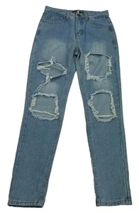 Boohoo Ripped Boyfriend Jeans Distressed Light Wash Mid Rise 5 Pocket Size 2 - Picture 1 of 12