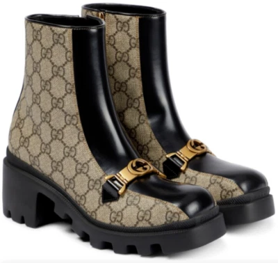 Botas para mujer Gucci beige GG Supreme de cuero negro dorado con logotipo hebilla talla 39,5 Foto 1 de 4