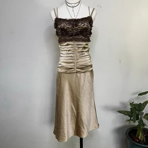 Vtg 90s Ruched Silk Earthy Fairy Dress Lace Prom Grunge Indie Whimsigoth Y2K s - Picture 1 of 9