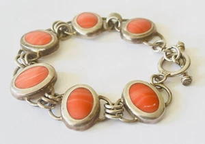 Heavy Vintage Mexico Sterling Silver Pink Coral Link Toggle Bracelet 7.75” - Picture 1 of 12