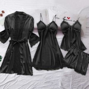 4PCS Women Satin Silk Nightwear Sleepwear Lace Night Gown Long Dressing Set