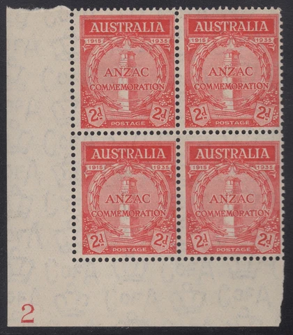 1935 Anzac 2d LLC plate block number 2, mnh Cover