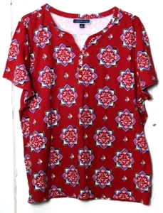 KAREN SCOTT HENLEY TEE SHIRT ladies size 3X red blue white print short sleeve - Picture 1 of 5