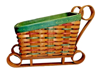 CHRISTMAS SLEIGH RED GREEN BEAUTIFULLY WOVEN DECORTIVE BASKET  - Image 1 of 4