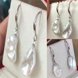 Flawless natural white Baroque petal Pearl earrings +925 hook Gold Bridal - Picture 1 of 10