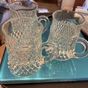 3 INDIANA GLASS- 4.5" CRYSTAL DIAMOND POINT MUGS/ TANKARDS- 10 OZ- VTG- - Picture 1 of 4