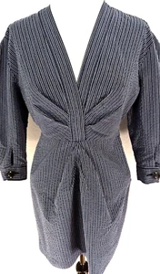 SANDRO Dress Size 34 US 2 Navy Gray Stripe 3/4 Sleeve MODERN Pleated Mini VEUC!* - Picture 1 of 12